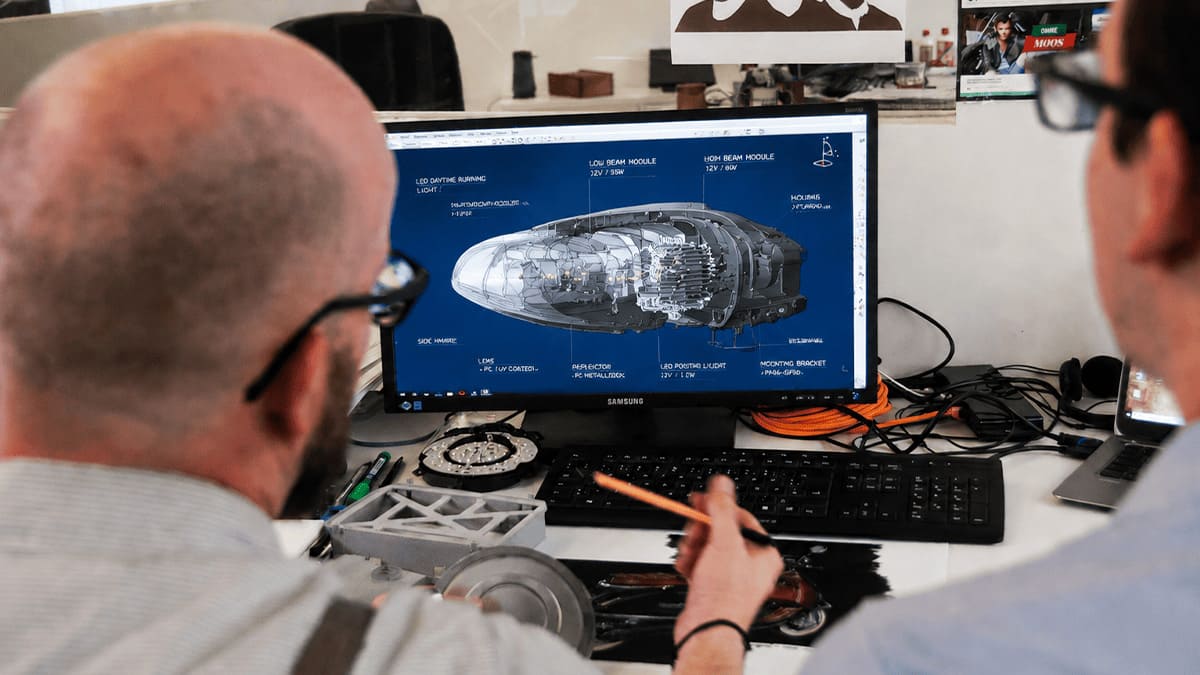 Engineers reviewing LED light CAD drawings with a customer