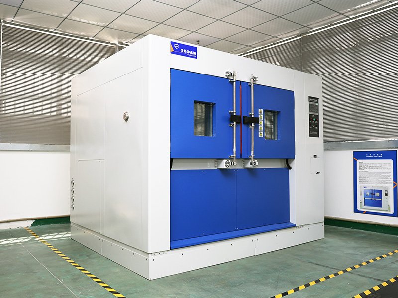 A thermal shock chamber testing LED work lights under extreme temperature cycles